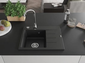 Mexen Ben Granitový drez 1-komorový s odkvapkávačom, ľavý 600 x 500 mm, čierny, chrómový sifón - 6522605000-77