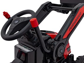 Červený detský elektrický traktorový bager 12V s diaľkovým ovládaním, pohyblivým ramenom a FM rádiom