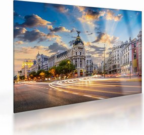 Sklenený obraz - Calle Gran Vía, Madrid, Španielsko (70x50 cm)