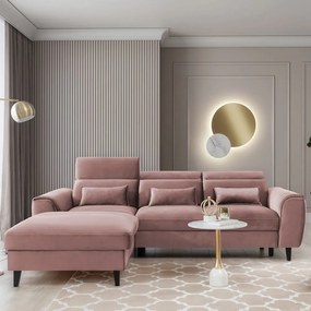 Ružová zamatová rozkladacia/s úložným priestorom rohová pohovka (ľavý roh/s leňoškou) Foble – ELTAP