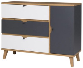 Komoda Mimone K1D3SZ (dub zlatý + biela matná + grafit). Akcia -21%. Vlastná spoľahlivá doprava až k Vám domov. 1051784