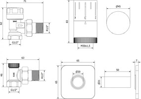 Mexen G05, uhlová termostatická súprava s hranatou krytkou, biela matná, W901-958-909-20