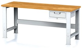Nastaviteľný dielenský stôl MECHANIC I, závesný box na náradie, 1 zásuvka, 2000x685x700-1055 mm, sivé dvere