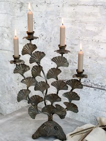 Mosadzný antik kovový svietnik s listami Ginkgo Old French - 34*14*46 cm