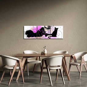 Obraz - Žena s čiernou mačkou (s hodinami) (90x30 cm)