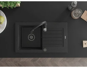 Mexen Pablo, granitový drez 752x436x161 mm, 1-komorový a drezová batéria Savita, čierna-strieborná metalíza, 6510-73-672601-70-B
