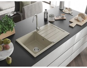 Mexen Bruno, 1-komorový granitový drez s odkvapkávačom 795x495x200 mm a chrómová kuchynská batéria Telma, béžová, 6513-69-670200-00