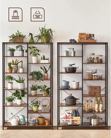 Úložný regál s oceľovým rámom 5-úrovňový, knižnica, rustikálny hnedý