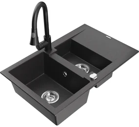 Mexen Gaspar, 1,5-komorový granitový drez 737x475x177 mm a drezová batéria Elia, čierna škvrnitá, 6507-76-670101-70
