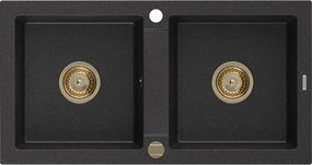 Mexen Mario, granitový drez 820x436x161 mm, 2-komorový, čierna-strieborná metalíza so zlatým sifónom, 6504822000-73-G