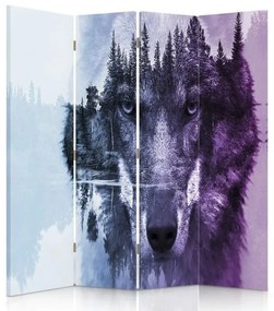 Gario Paraván Vlk na lesnom pozadí vo fialových farbách Rozmery: 145 x 170 cm, Prevedenie: Otočný paraván 360°