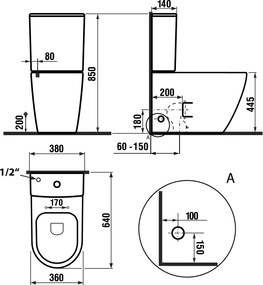 Sapho Sapho, TURKU kombi WC, Vortex Rimless, spodný/zadný odpad, biela, PC104V