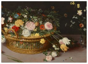 Sklenený obraz - Jan Brueghel the Elder, Flowers in a Basket and a Vase, reprodukcia (70x50 cm)