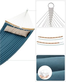 Dvojitá polstrovaná hojdacia sieť s odnímateľnými bambusovými tyčami s vankúšom, modrá