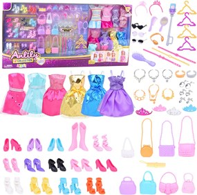 LEAN Toys Veľká módna súprava Anlily – šaty a doplnky pre bábiky, 65 ks