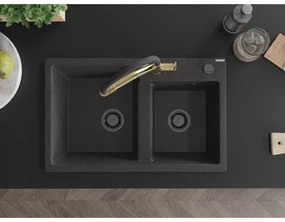 Mexen Tomas, 2-komorový granitový drez 800x500x190 mm  a kuchynská batéria Duo, čierna škvrnitá, 6516-76-671701-57-B