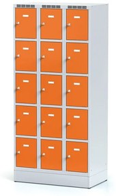Alfa 3 Šatníková skrinka na sokli s úložnými boxami, 15 boxov, 1920 x 900 x 500 mm, otočný zámok, oranžové dvere