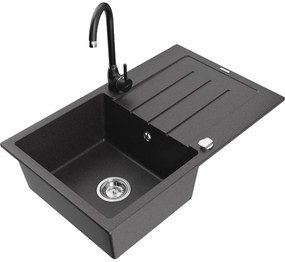 Mexen Bruno, 1-komorový granitový drez s odkvapkávačom 795x495x200 mm a čierna kuchynská batéria Telma, čierna škvrnitá, 6513-76-670200-70