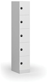 Šatníková skrinka s úložnými boxmi, 5 boxov, 1850 x 300 x 500 mm, zámok s čítačkou RFID kariet, laminované dvere, biela