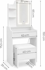 Kozmetický toaletný stolík so zrkadlom a LED osvetlením, 3 farby, police, zásuvka, taburetka,