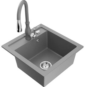 Mexen Vito, 1-komorový granitový drez 520x490x210 mm a drezová batéria Savita, šedá, 6503-71-672601-71