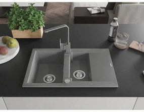 Mexen Gaspar, granitový drez 737x475x177 mm, 1,5-komorový a šedá batéria Rita, šedá, 6507-71-670300-71