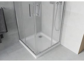 Mexen Rio, štvorcový sprchovací kút s posuvnými dverami 70(dvere) x 70(dvere) x 190 cm, 6mm sklo námraza, chrómový profil + biela sprchová vanička SLIM, 860-070-070-01-30-4010