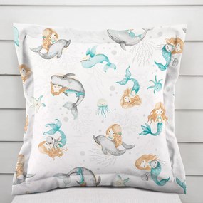 Biante Detská bavlnená obliečka na vankúš s lemom Sandra SA-691 Modrozelené morské panny s delfínmi a veľrybami na bielom 40 x 40 cm