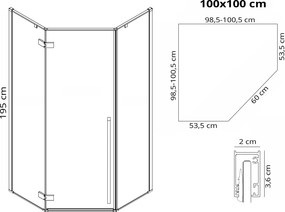Päťuholníkový sprchový kút REA DIAMOND 100x100 cm, čierny matný/transparent - bez vaničky