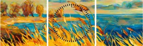 Obraz - Západajúce slnko nad jazerom, akrylová maľba (s hodinami) (90x30 cm)