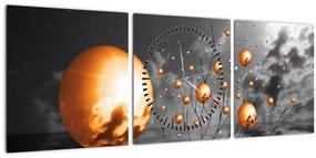 Obraz oranžových abstraktných gulí (s hodinami) (90x30 cm)