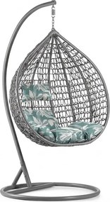 Sivé závesné kreslo KOKON so stojanom, zeleno-biely vankúš