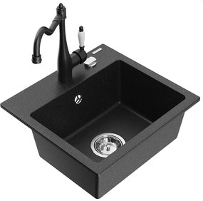 Mexen Milo, granitový drez 435x410x171 mm, 1-komorový a drezová batéria Carla, čierna-strieborná metalíza, 6505-73-670700-70