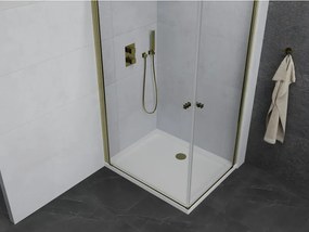 Mexen Pretoria Duo, sprchovací kút s 2-krídlovými dverami 80 (dvere) x 70 (dvere) cm, 6mm číre sklo, zlatý profil + slim sprchová vanička 5cm biela so zlatým sifónom, 852-080-070-50-02-4010G