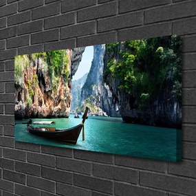 Obraz na plátne Loď jazero skaly krajina 140x70 cm