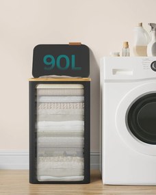 Kôš na bielizeň s vekom, veľký kôš na prádlo 90 l, skladateľný, čierny