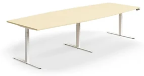 Výškovo nastaviteľný rokovací stôl QBUS, ovál, 3200x1200 mm, biely rám, breza