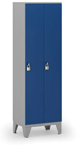 Drevená šatníková skrinka, 2 oddiely, otočný zámok, sivá / modrá