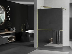Mexen Kioto+, sprchová zástena Walk-In s poličkou a vešiakom 120 x 200 cm, 8mm sklo vzor zrkadlo, zlatý matný profil, 800-120-121-55-50