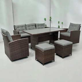 Ratanová súprava so stolíkom, pohovkou a 2 kreslami - hnedá + sivé vankúše