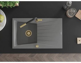 Mexen Cesar, 1-komorový granitový drez 775x470x190 mm a drezová batéria Flora, šedá, 6514-71-670401-57-G