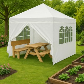 Záhradný pavilónový stan 3x3 m, automaticky rozkladací + 4 bočné steny, biely, MultiGarden