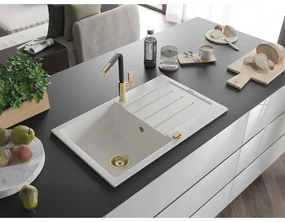 Mexen Bruno, 1-komorový granitový drez 795x495x200 mm a drezová batéria Flora, biela, 6513-20-670401-57-G