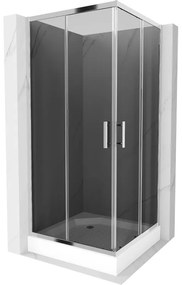 Mexen Rio, štvorcový sprchovací kút s posuvnými dverami 90 x 90 cm, 6mm šedé sklo, chrómový profil + biela vysoká vanička Rio, 860-090-090-01-40-4510