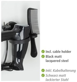 Čierny nástenný držiak na fén Wenko Static-Loc® Pavia