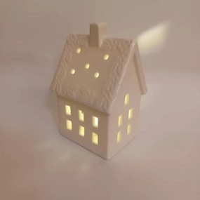 DECOLED Keramický domček, 8,5 x 6,9 x 12,9 cm, teplá biela, 2xLR44