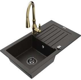 Mexen Pablo, granitový drez 752x436x161 mm, 1-komorový a drezová batéria Savita, čierna-zlatá metalíza, 6510-75-672601-50-B