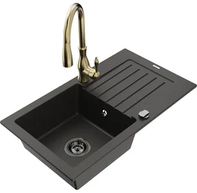 Mexen Pablo, granitový drez 752x436x161 mm, 1-komorový a drezová batéria Savita, čierna-zlatá metalíza, 6510-75-672601-50-B