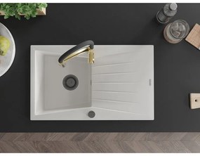 Mexen Cesar, 1-komorový granitový drez 775x470x190 mm a drezová batéria Aster, biela, 6514-20-73450-57-B