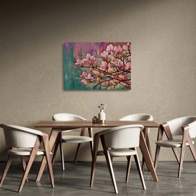 Sklenený obraz - Olejomaľba, Rozkvitnutá sakura (70x50 cm)